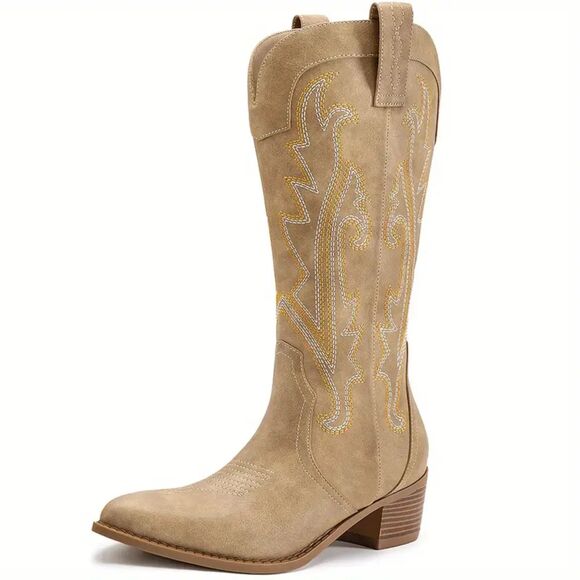 NIB- SZ 9 MidCalf Cowgirl Boots Embroidered Western Pointed Toe Chunky Heel TAN - Picture 6 of 6